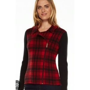 CHAPS Red/Black Buffalo Plaid Zip Moto Sweater